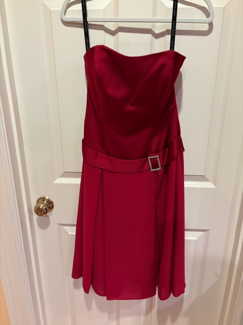 Alfred Angelo Strapless Red Cocktail Dress with Rhinestone Buckle Detail